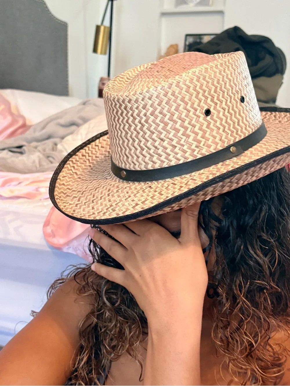 Straw Rancher Hat with Black Trim - Natural